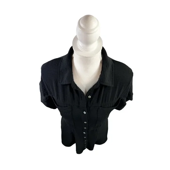 SHE + SKY Black Collared Short Sleeve Button Shirt Dress Size L - Picture 2 of 6